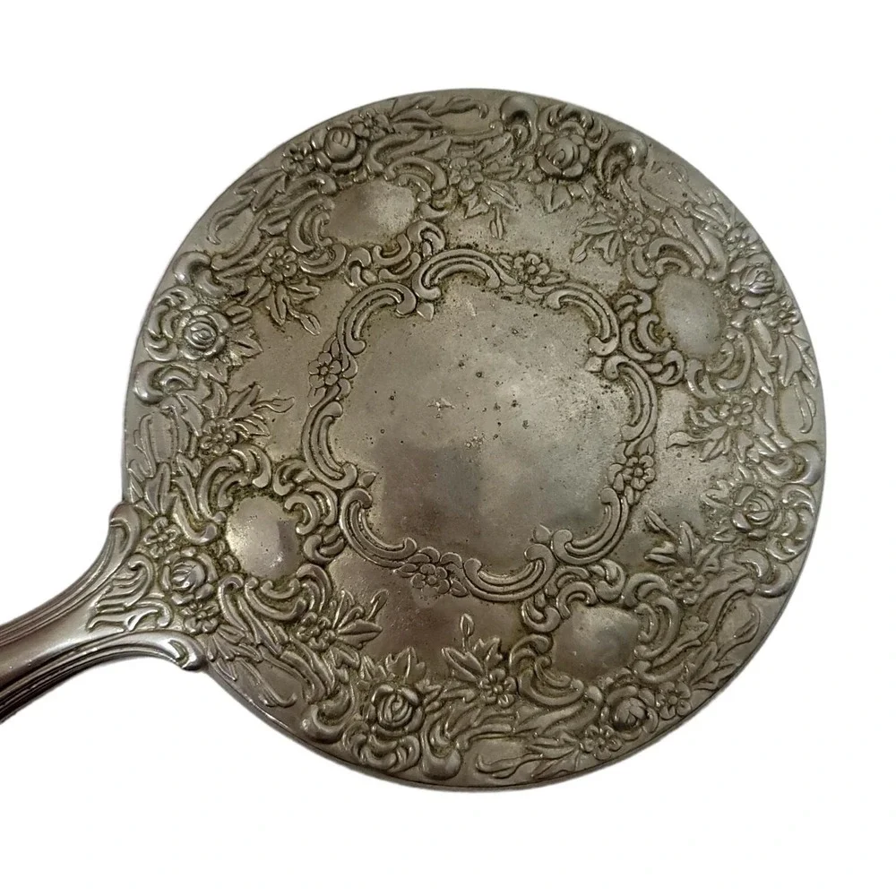 Vintage Ornate Floral Silverplate Hand Mirror Victorian Vanity Decor AS‎ IS